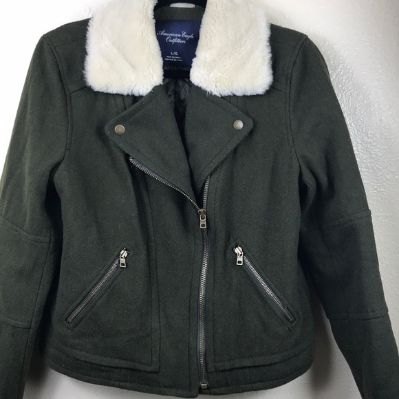 American Eagle Wool Faux Fur Trim Moto Jacket Coat - Picture 4 of 8